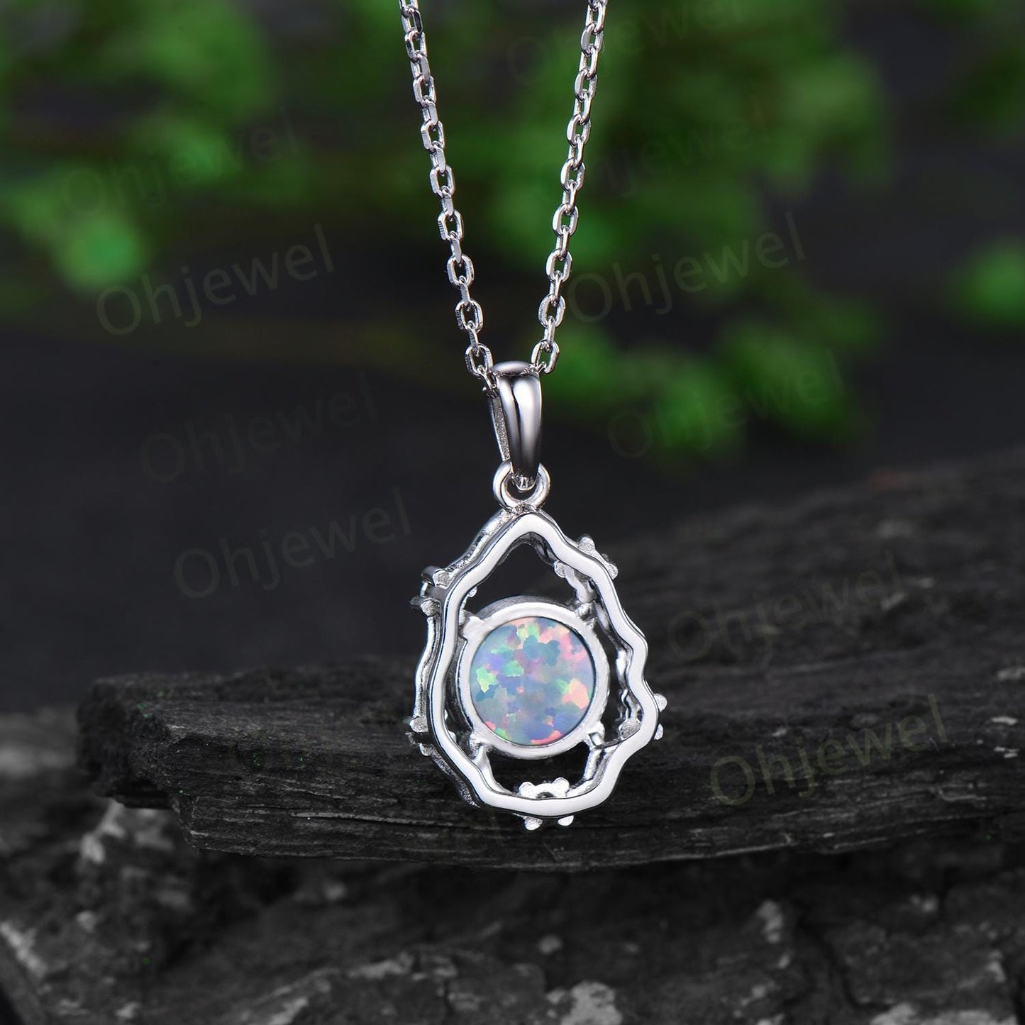 Vintage round opal necklace 14k white gold halo twig vine branch art deco diamond Pendant women birthday anniversary gift