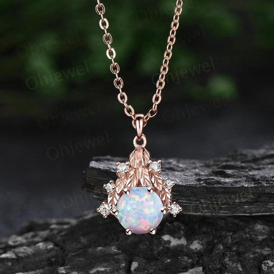 Round white opal necklace leaf cluster diamond antique Pendant women solid 14k rose gold nature inspired unique anniversary gift