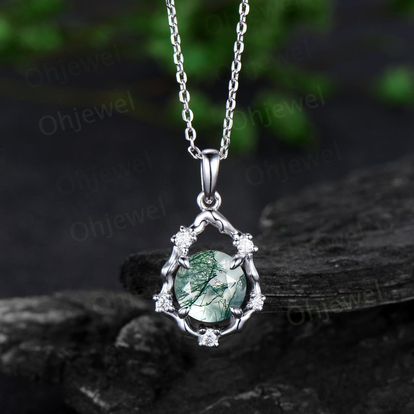 Vintage round cut green moss agate necklace 14k white gold halo twig vine branch art deco diamond Pendant women birthday anniversary gift