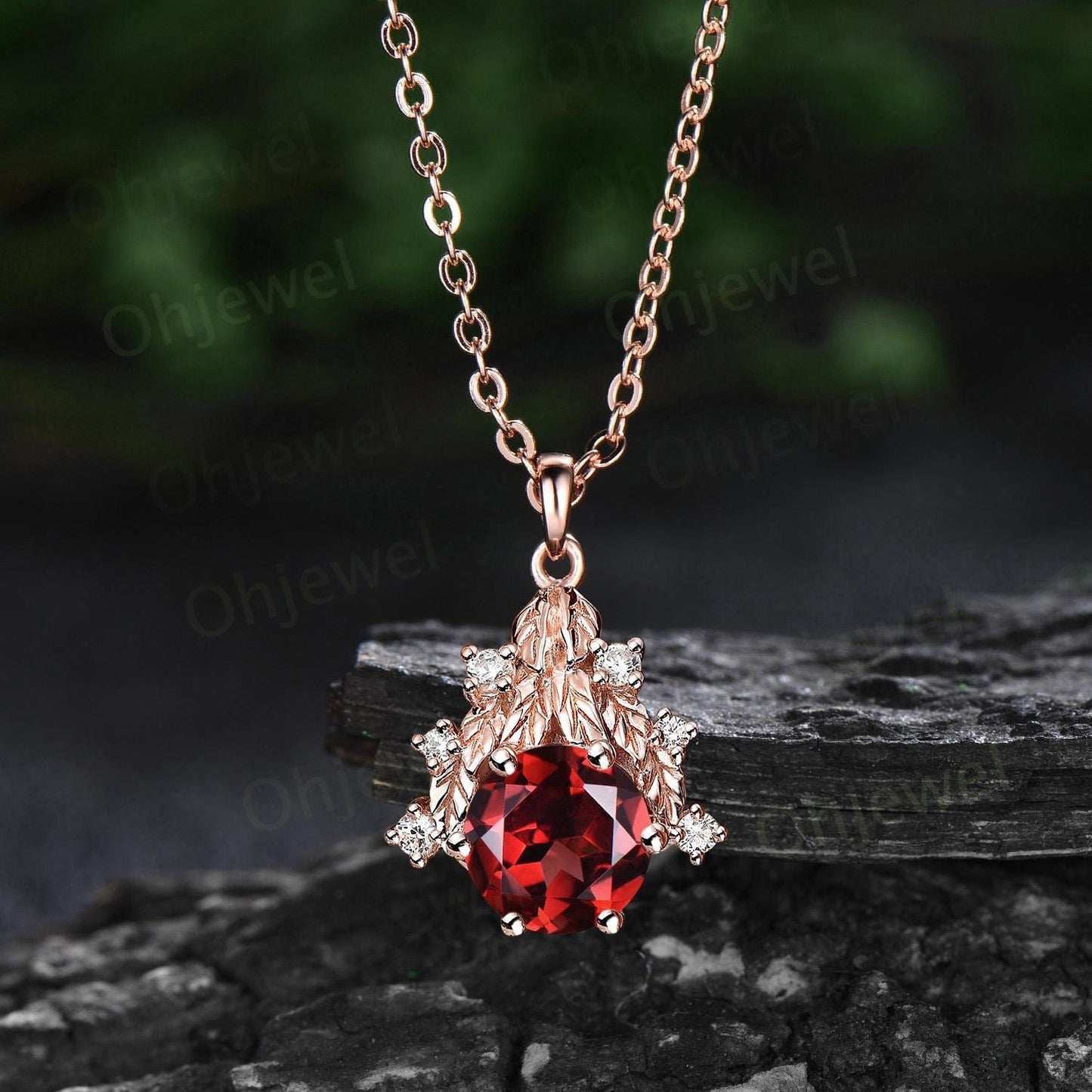Round cut red garnet necklace leaf cluster diamond antique Pendant women 14k rose gold nature inspired gemstone unique anniversary gift