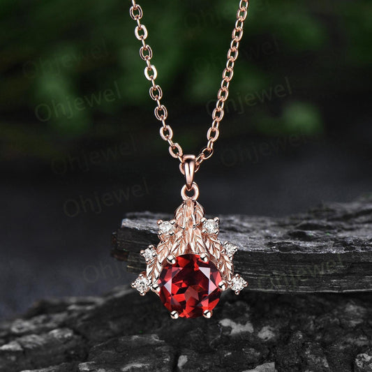 Round cut red garnet necklace leaf cluster diamond antique Pendant women 14k rose gold nature inspired gemstone unique anniversary gift