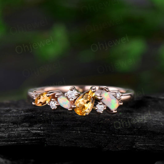 Dainty pear yellow citrine ring vintage Baguette cut opal ring 14k rose gold unique cluster moissanite wedding band anniversary gift