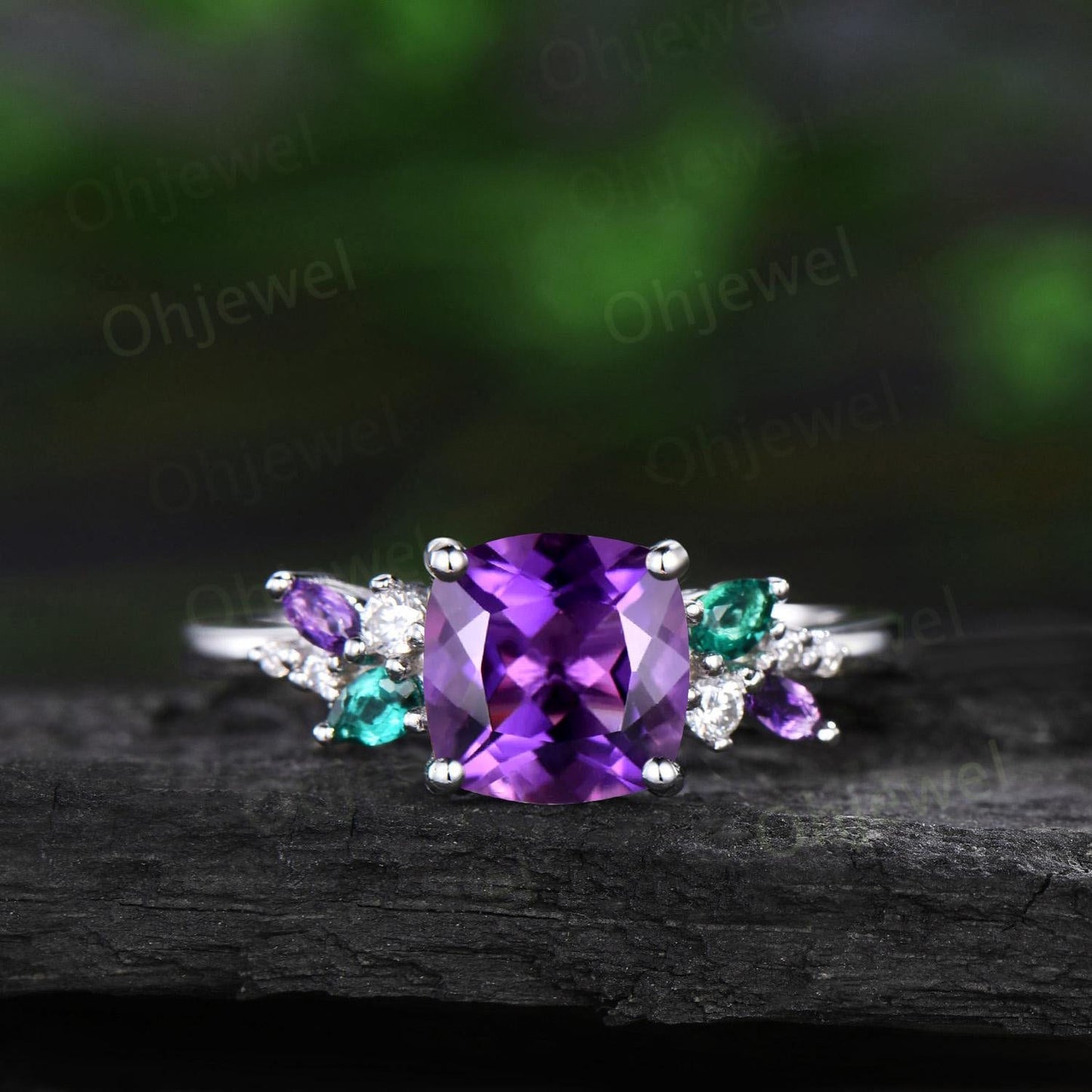 Vintage cushion cut purple amethyst engagement ring white gold cluster snowdrift diamond emerald amethyst ring women unique bridal ring gift