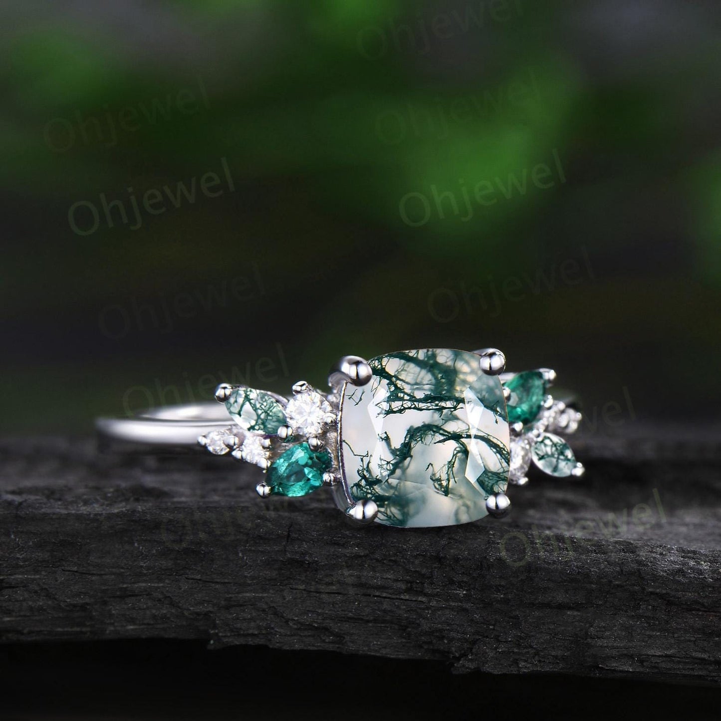 Cushion cut green moss agate engagement ring 14k white gold cluster snowdrift diamond ring women unique emerald anniversary ring gift