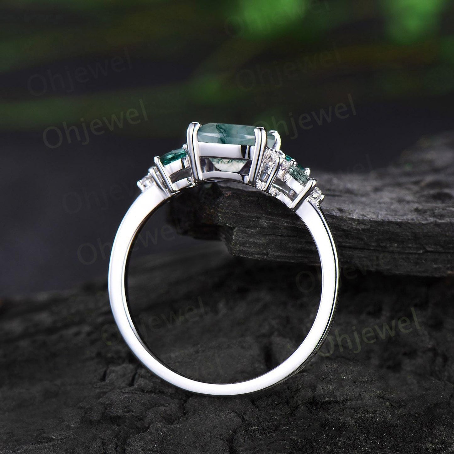 Cushion cut green moss agate engagement ring 14k white gold cluster snowdrift diamond ring women unique emerald anniversary ring gift