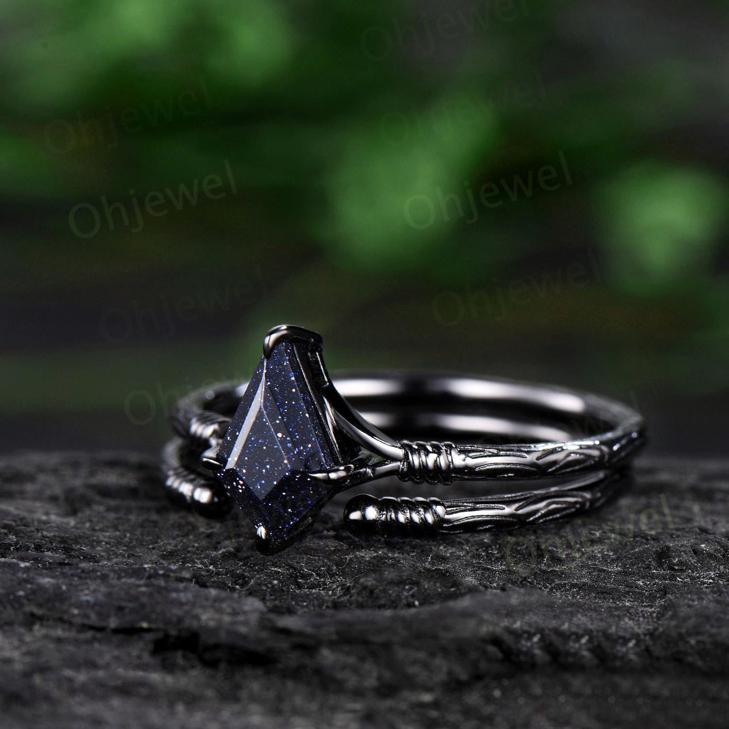 Kite cut blue sandstone ring vintage 14k black gold etched wood art deco solitaire unique engagement ring set women antique anniversary gift