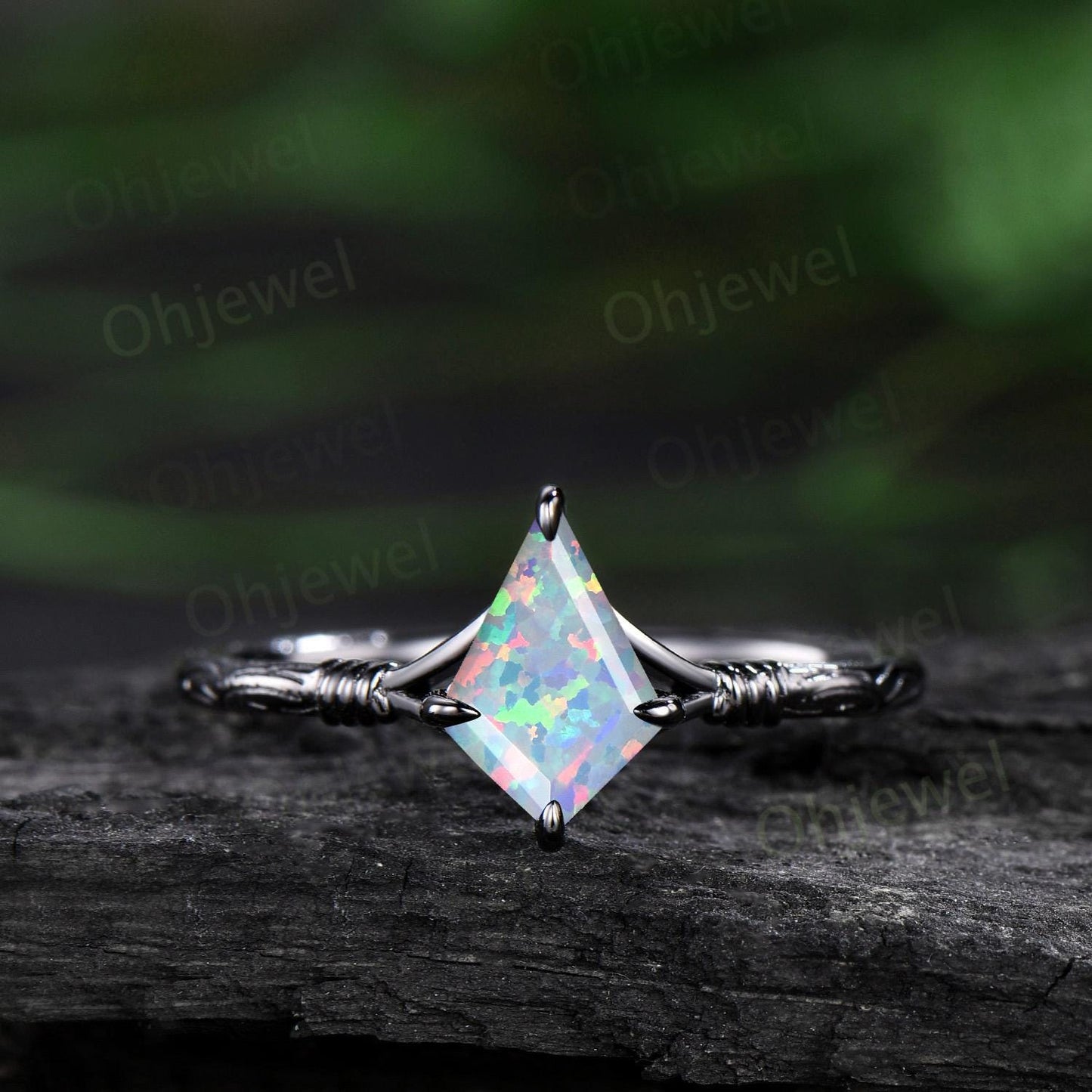 Kite cut white opal ring vintage 14k black gold etched wood art deco solitaire unique engagement ring set women antique anniversary gift