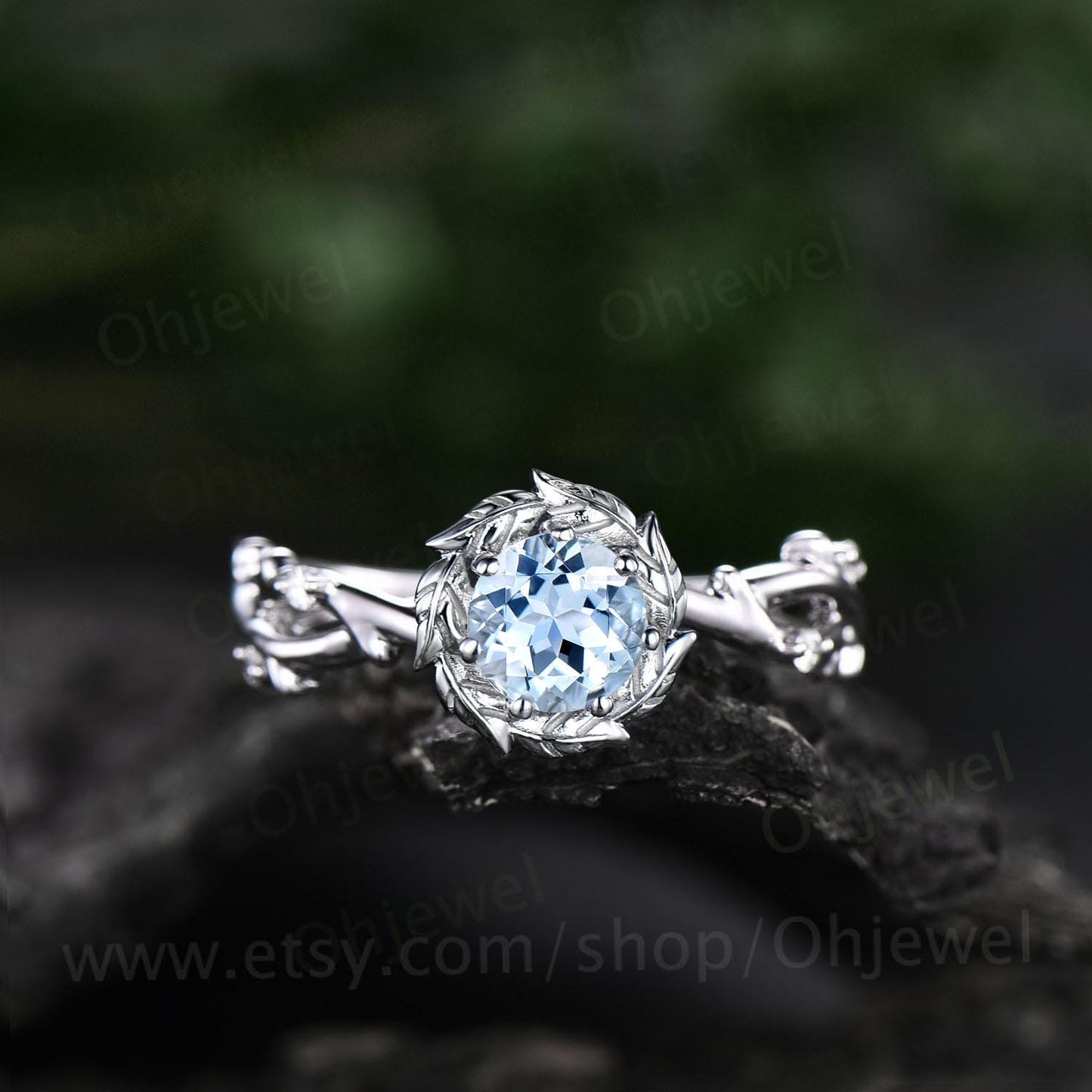 Round cut aquamarine ring vintage 14k white gold twig infinity halo leaf engagement ring women unique wedding bridal diamond ring jewelry
