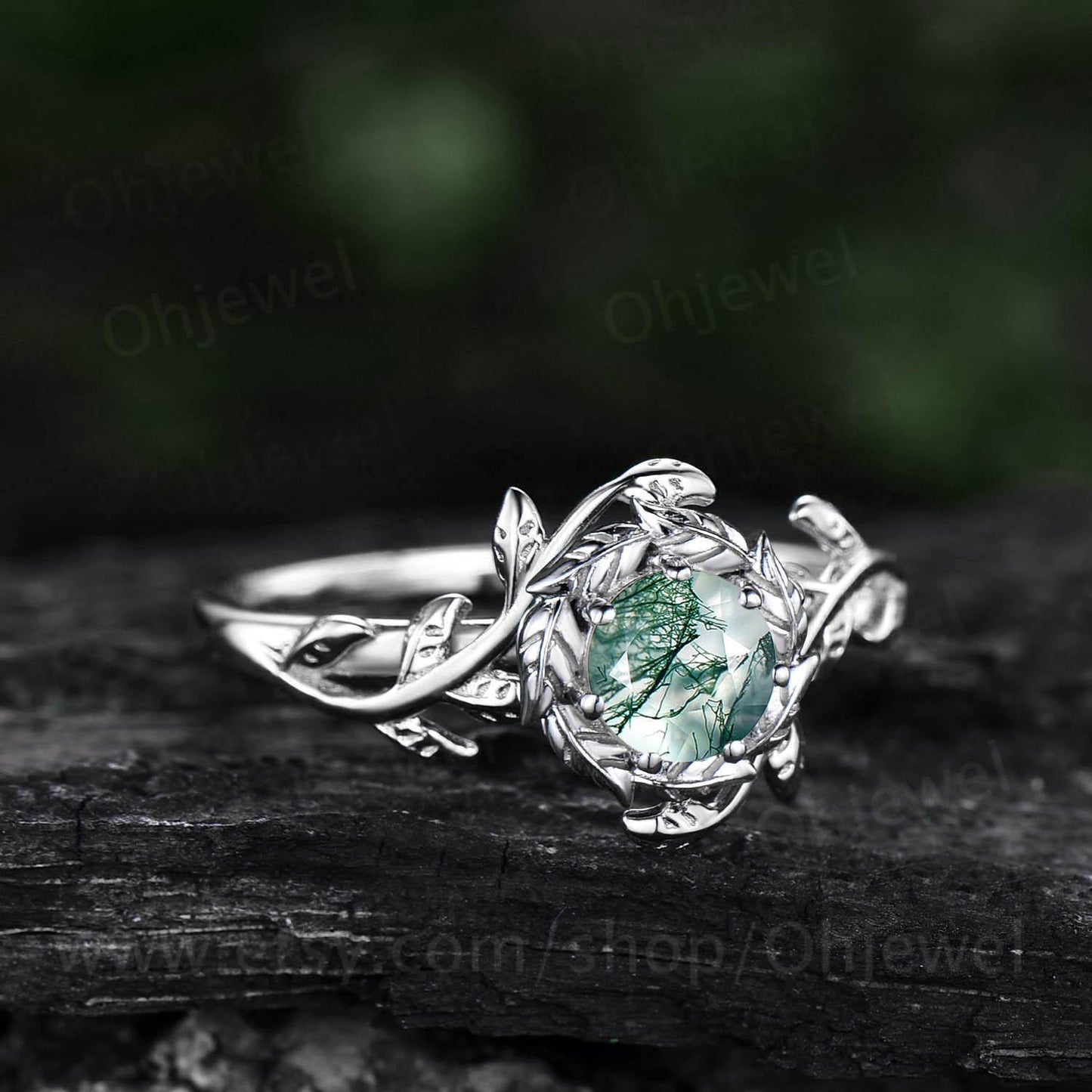 Round cut green moss agate engagement ring vintage 14k white gold twig leaf halo wedding ring women branch unique anniversary gift jewelry