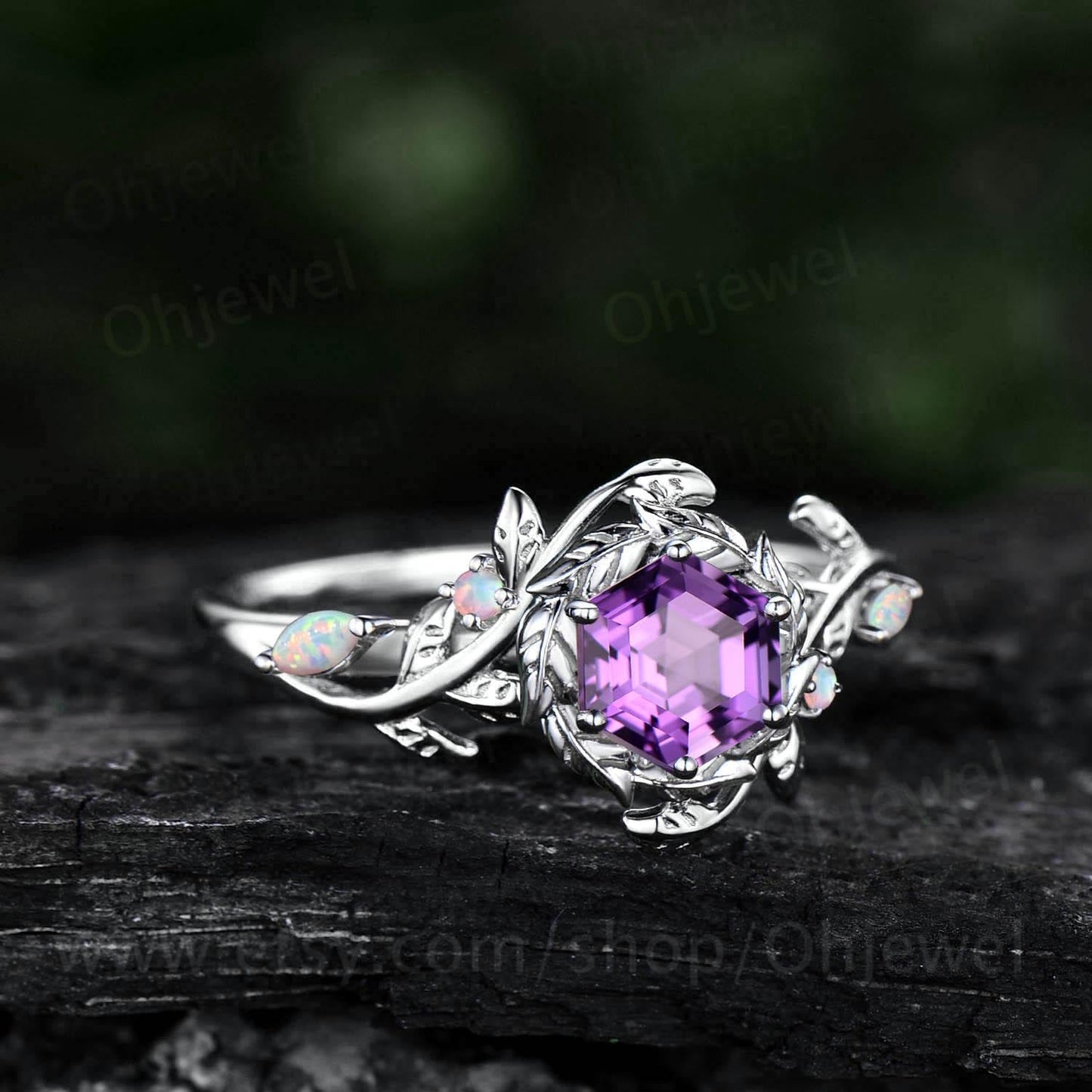 Vintage hexagon cut amethyst engagement ring halo leaf white gold opal ring women twig branch promise wedding ring jewelry gift for her
