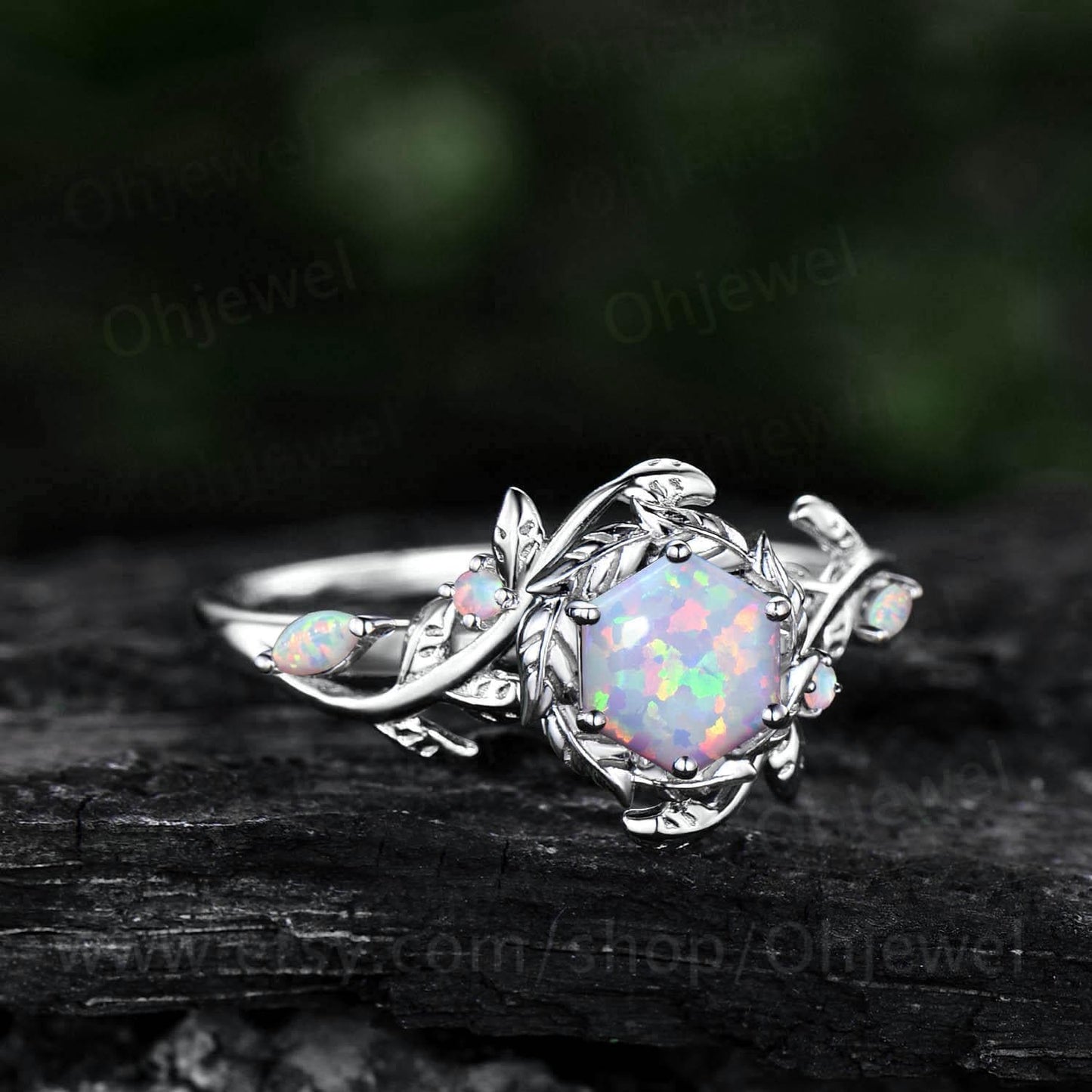 Vintage hexagon opal engagement ring halo leaf white gold opal ring women twig branch promise wedding ring jewelry gift for her