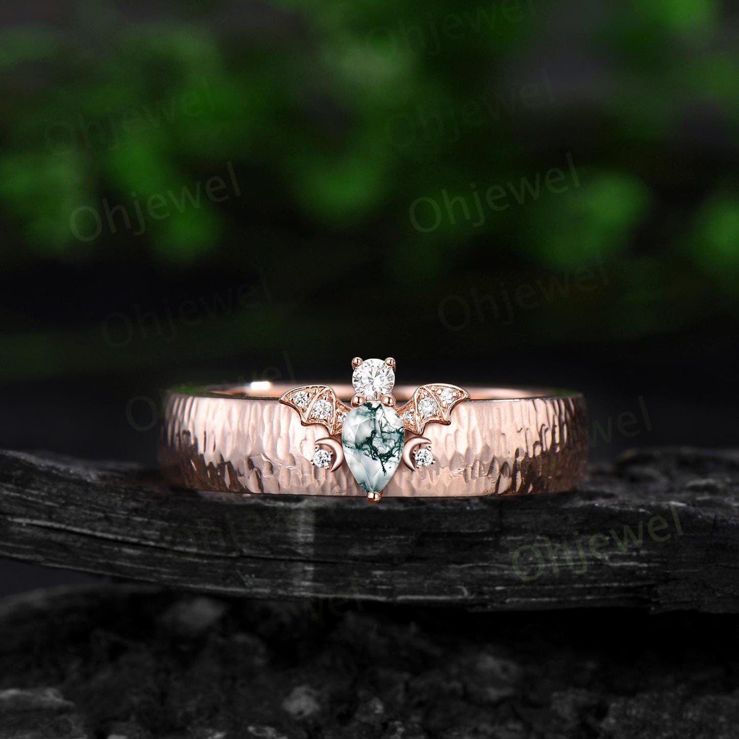Pear moss agate mens wedding band vintage hammered bat moon diamond unique mens wedding ring stacking solid 14k rose gold gift for husband