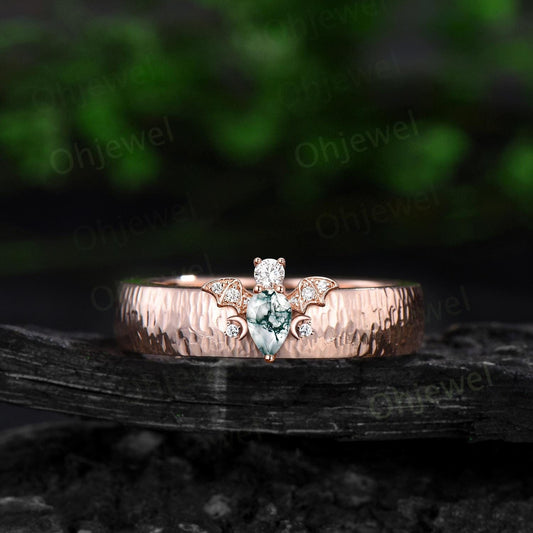 Pear moss agate mens wedding band vintage hammered bat moon diamond unique mens wedding ring stacking solid 14k rose gold gift for husband