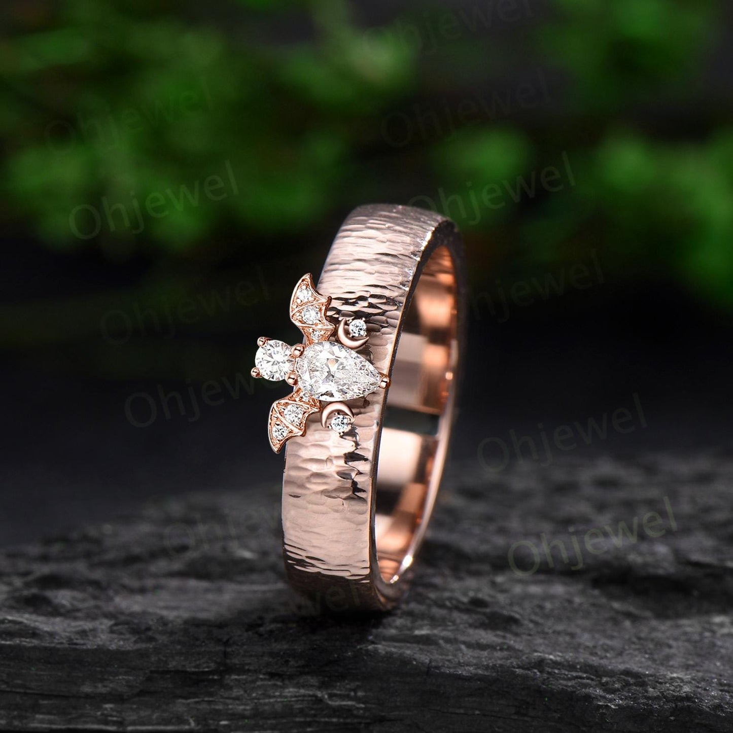 Pear moissanite mens wedding band vintage hammered bat moon diamond mens wedding ring stacking solid 14k rose gold gift for husband