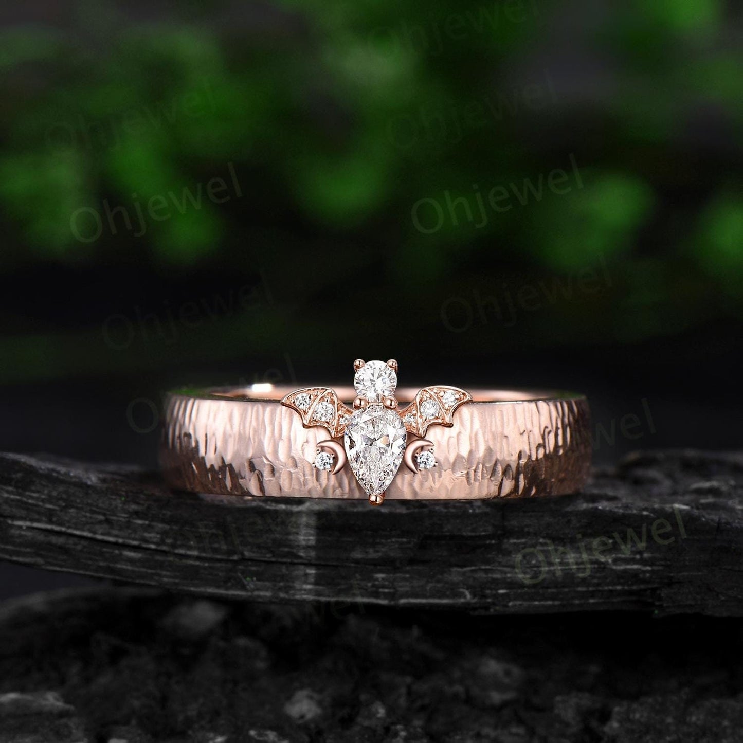Pear moissanite mens wedding band vintage hammered bat moon diamond mens wedding ring stacking solid 14k rose gold gift for husband