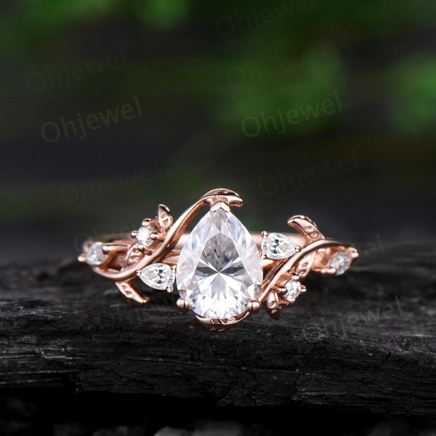 Pear cut moissanite engagement ring set leaf cluster diamond ring rose gold vintage Celtic knot branch unique promise bridal ring set women