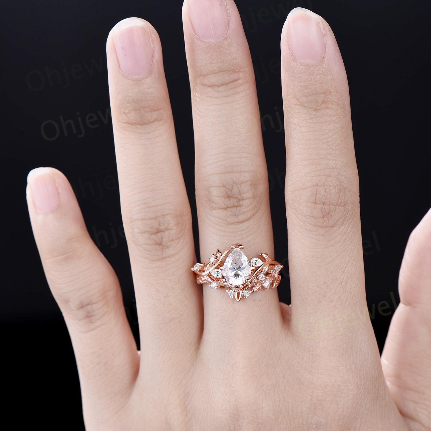 Pear cut moissanite engagement ring set leaf cluster diamond ring rose gold vintage Celtic knot branch unique promise bridal ring set women