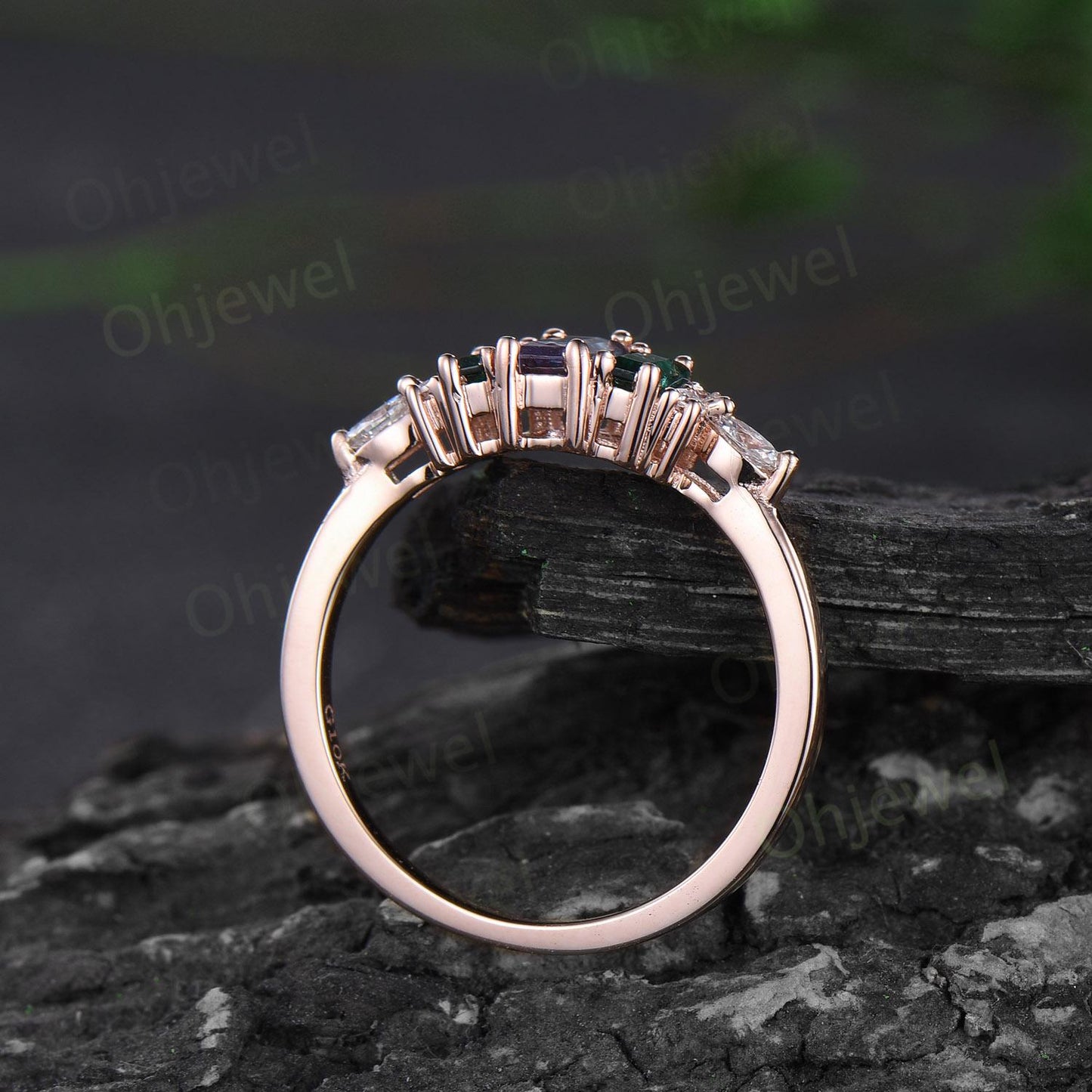 Baguette cut alexandrite ring dainty emerald ring solid 14k rose gold unique engagement ring women wedding band anniversary ring gift