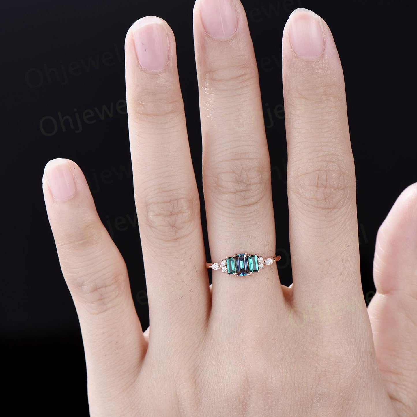 Baguette cut alexandrite ring dainty emerald ring solid 14k rose gold unique engagement ring women wedding band anniversary ring gift