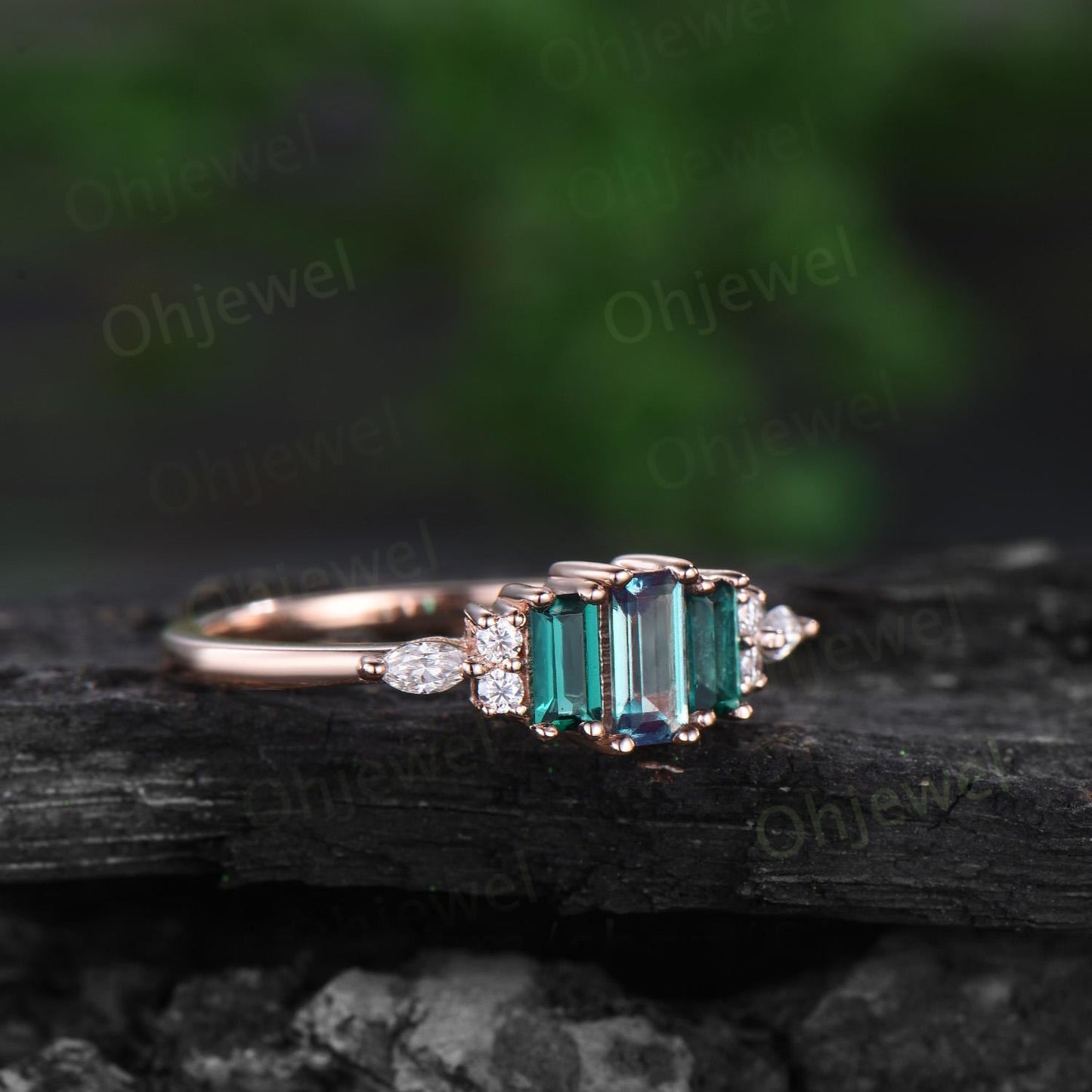 Baguette cut alexandrite ring dainty emerald ring solid 14k rose gold unique engagement ring women wedding band anniversary ring gift