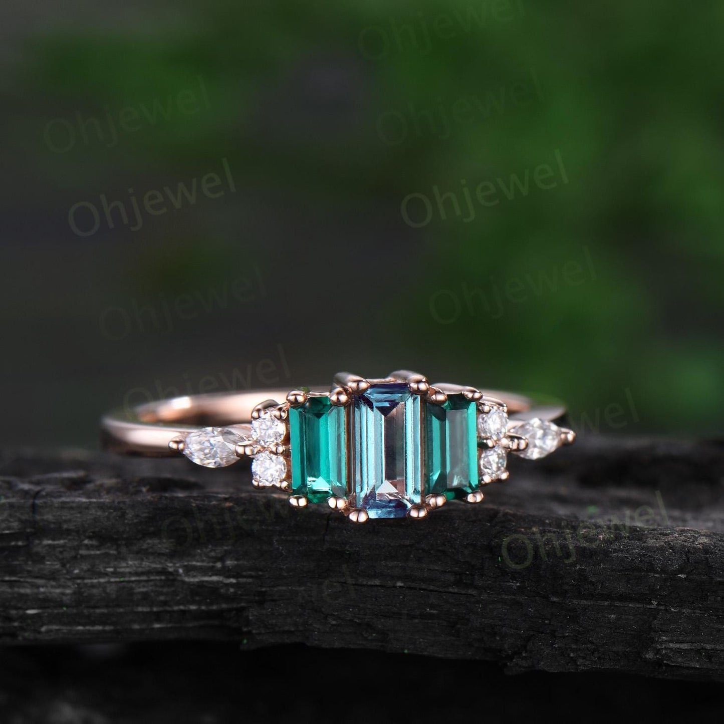 Baguette cut alexandrite ring dainty emerald ring solid 14k rose gold unique engagement ring women wedding band anniversary ring gift