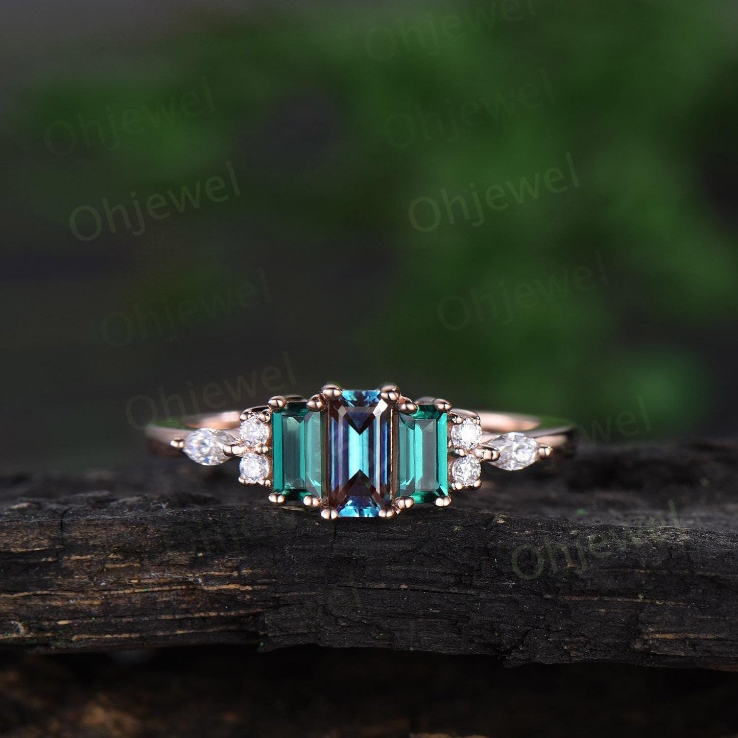 Baguette cut alexandrite ring dainty emerald ring solid 14k rose gold unique engagement ring women wedding band anniversary ring gift