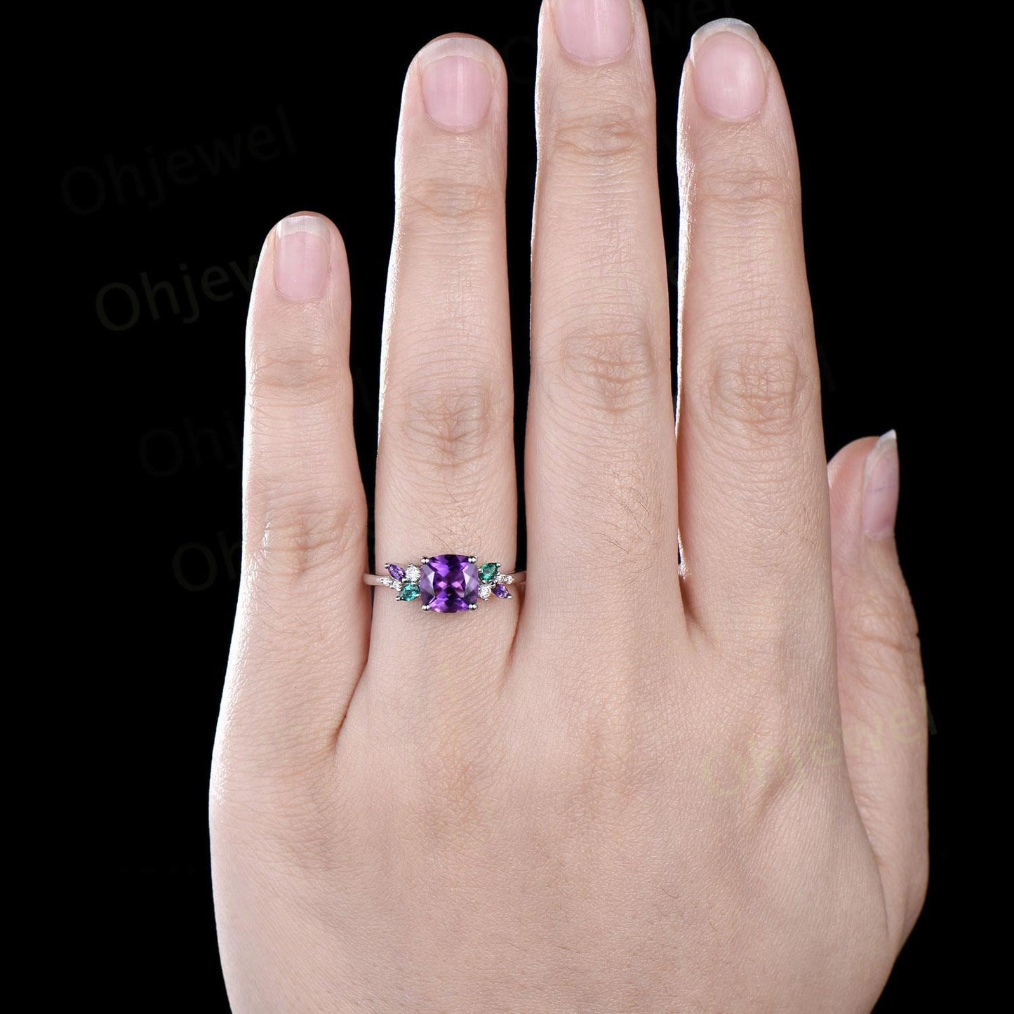 Vintage cushion cut purple amethyst engagement ring white gold cluster snowdrift diamond emerald amethyst ring women unique bridal ring gift