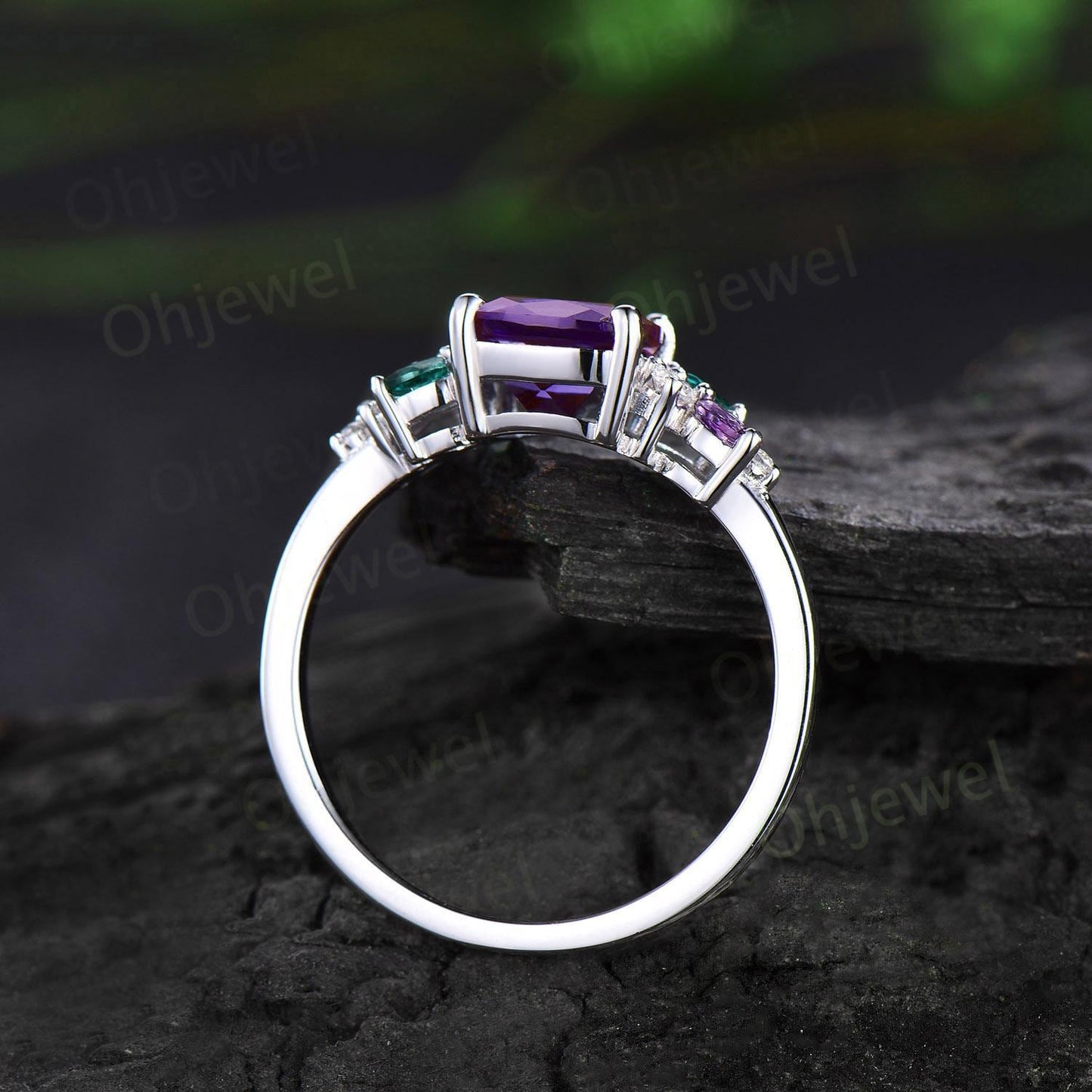 Vintage cushion cut purple amethyst engagement ring white gold cluster snowdrift diamond emerald amethyst ring women unique bridal ring gift
