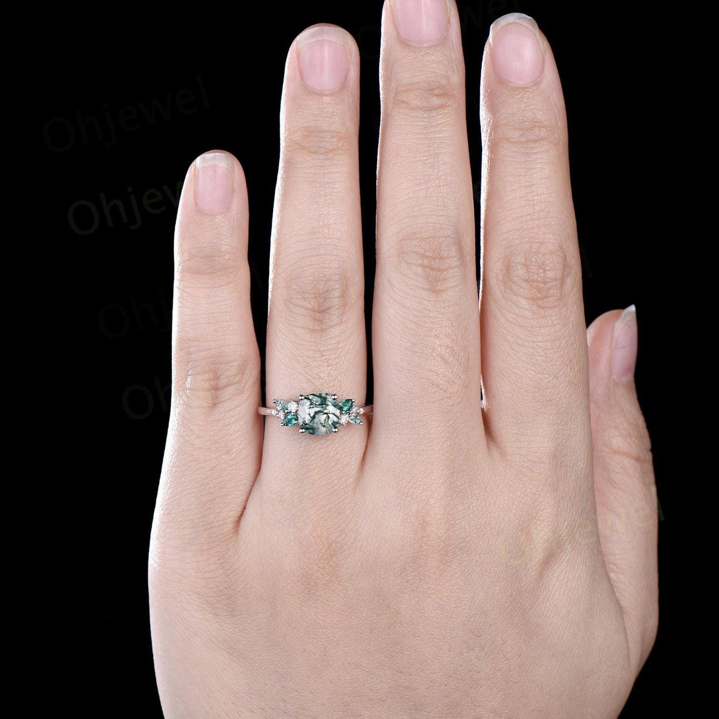 Cushion cut green moss agate engagement ring 14k white gold cluster snowdrift diamond ring women unique emerald anniversary ring gift