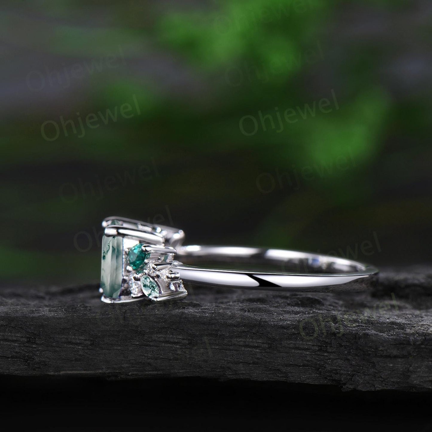 Cushion cut green moss agate engagement ring 14k white gold cluster snowdrift diamond ring women unique emerald anniversary ring gift