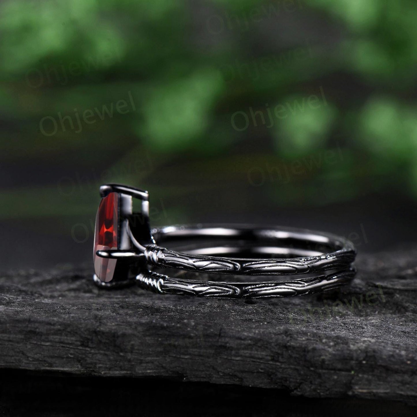 Vintage kite cut red ruby engagement ring set 14k black gold etched wood Solitaire ring retro rope wrapping wedding bridal ring set women