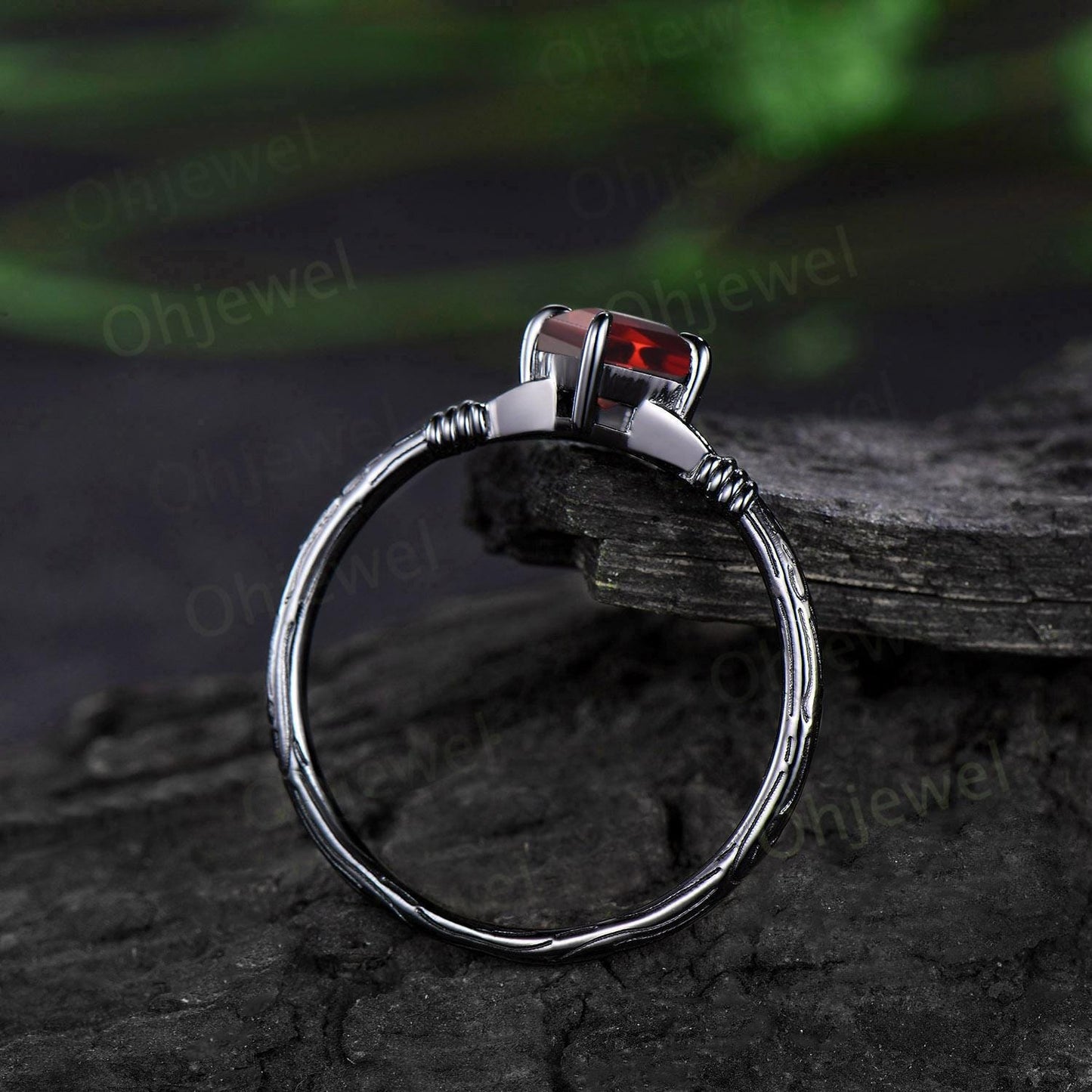 Vintage kite cut red ruby engagement ring set 14k black gold etched wood Solitaire ring retro rope wrapping wedding bridal ring set women