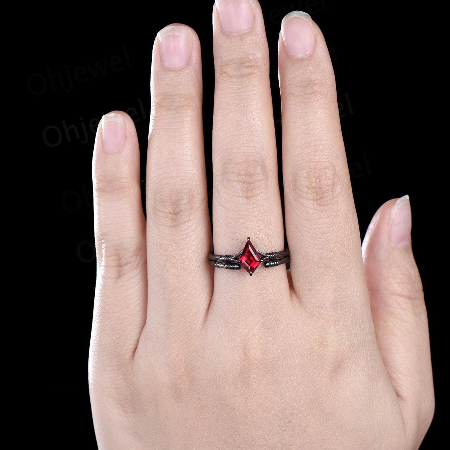 Vintage kite cut red ruby engagement ring set 14k black gold etched wood Solitaire ring retro rope wrapping wedding bridal ring set women