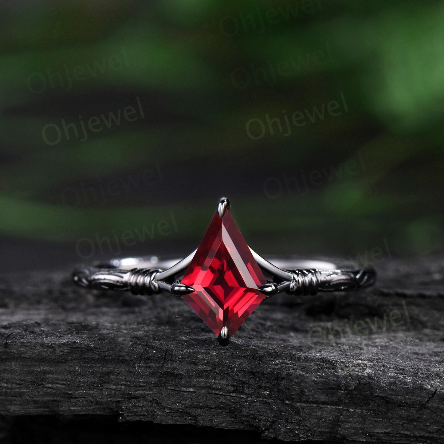 Vintage kite cut red ruby engagement ring set 14k black gold etched wood Solitaire ring retro rope wrapping wedding bridal ring set women