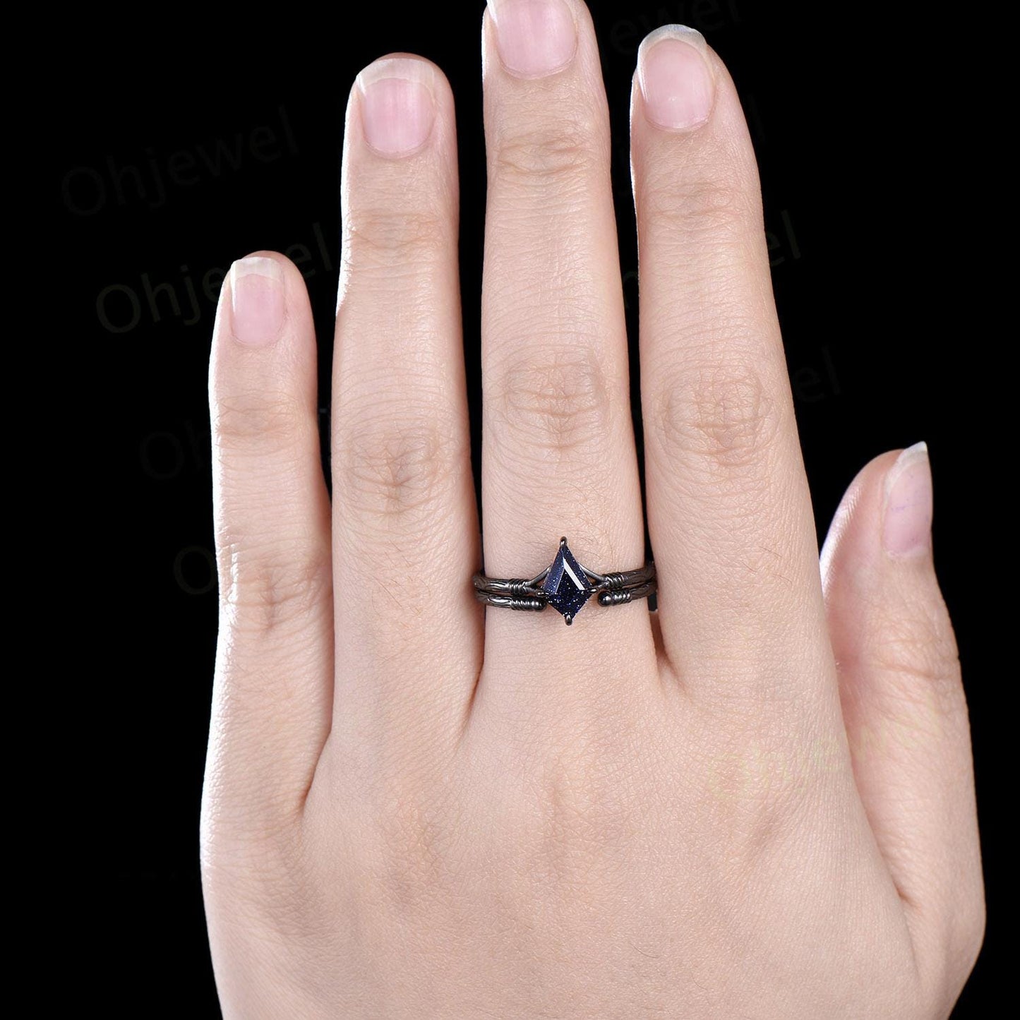 Kite cut blue sandstone ring vintage 14k black gold etched wood art deco solitaire unique engagement ring set women antique anniversary gift
