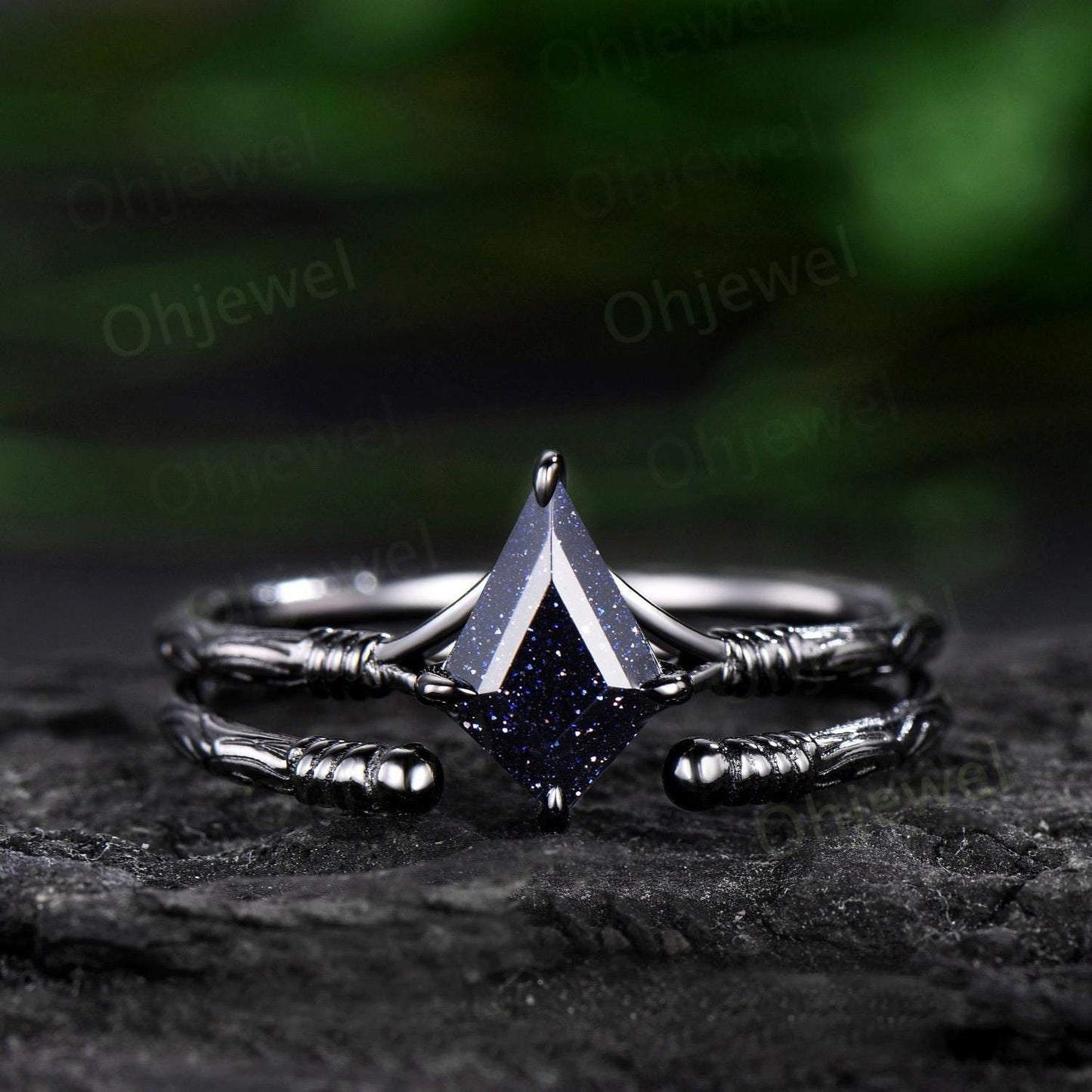 Kite cut blue sandstone ring vintage 14k black gold etched wood art deco solitaire unique engagement ring set women antique anniversary gift