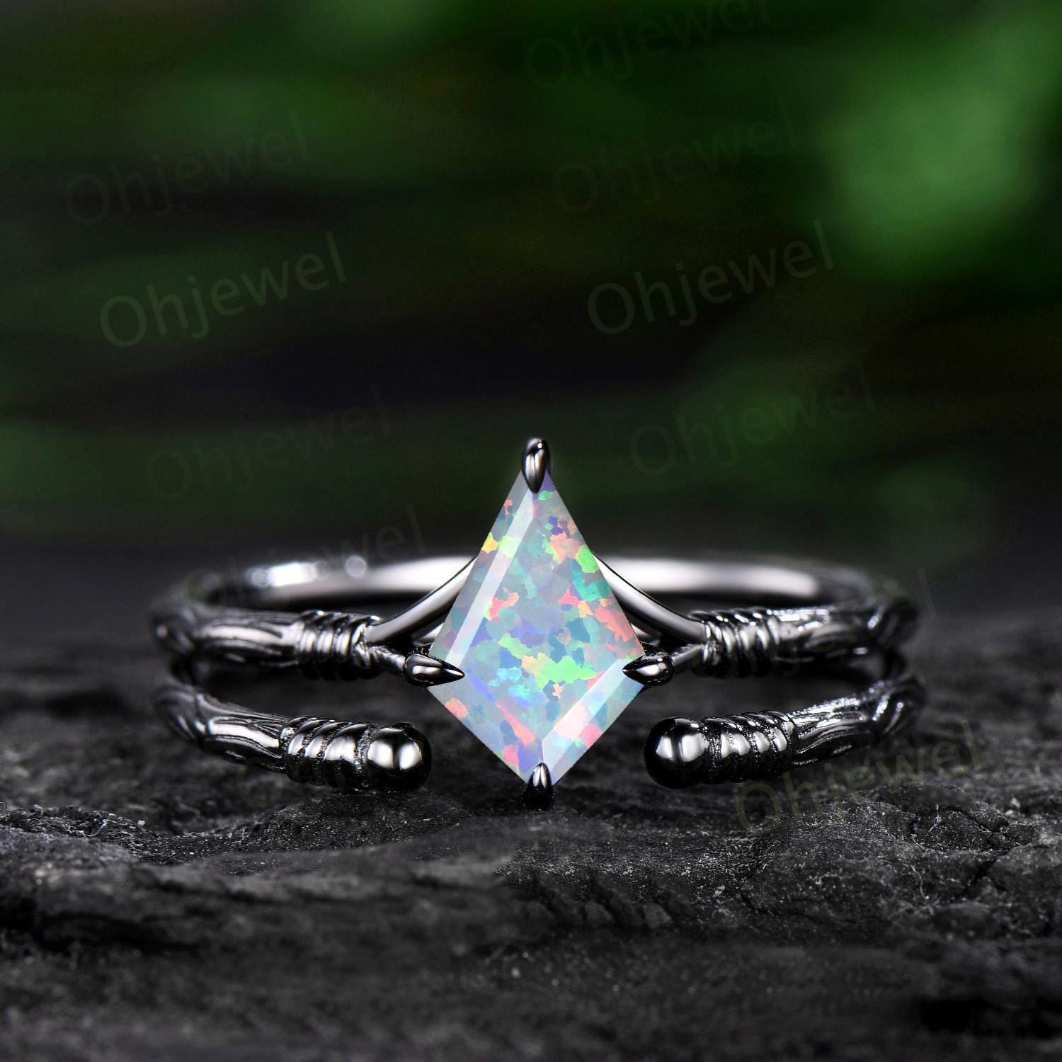 Kite cut white opal ring vintage 14k black gold etched wood art