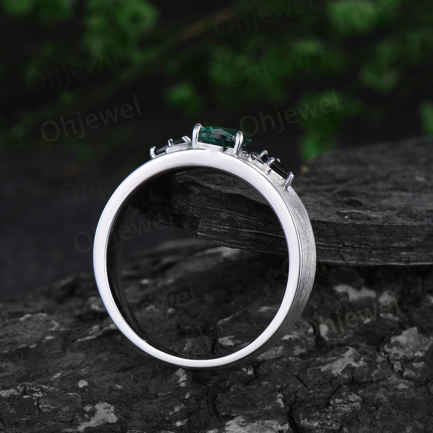 Pear emerald mens wedding band three stone moon kite black spinel mens wedding ring solid 14k white gold anniversary gift for husband