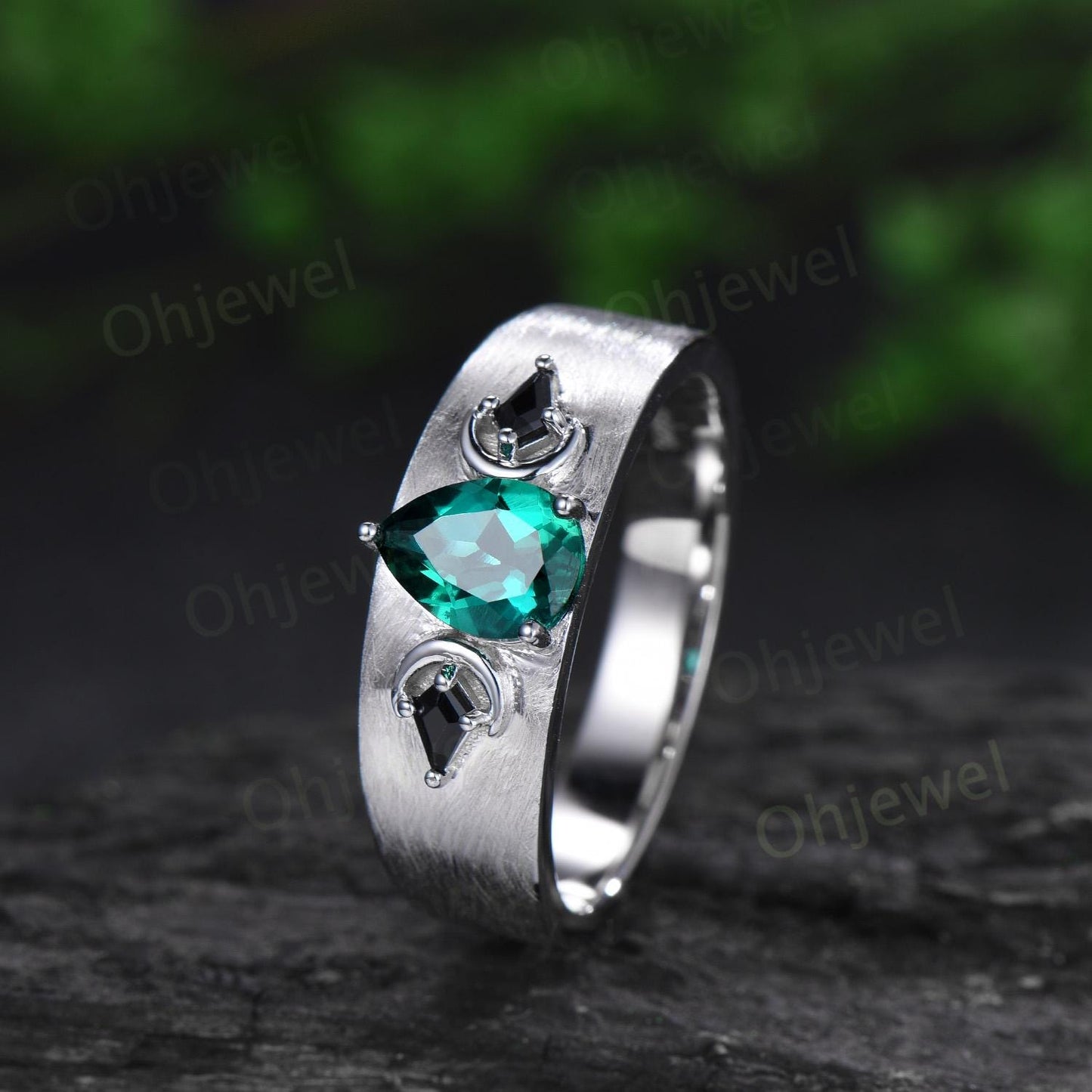 Pear emerald mens wedding band three stone moon kite black spinel mens wedding ring solid 14k white gold anniversary gift for husband