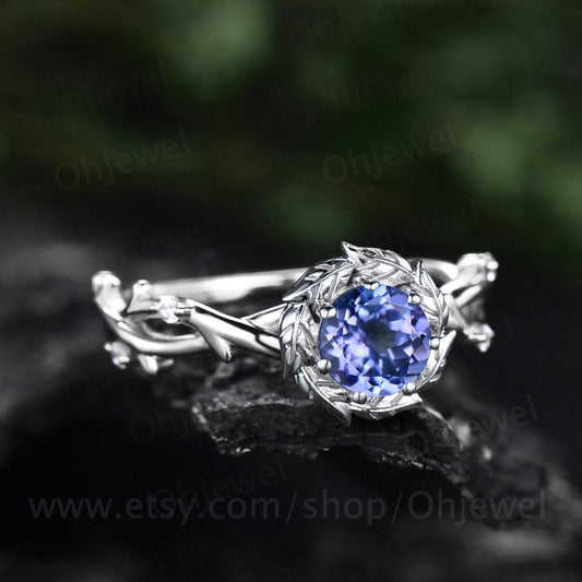 Round cut tanzanite ring vintage 14k white gold twig infinity halo leaf engagement ring women unique wedding bridal diamond ring jewelry