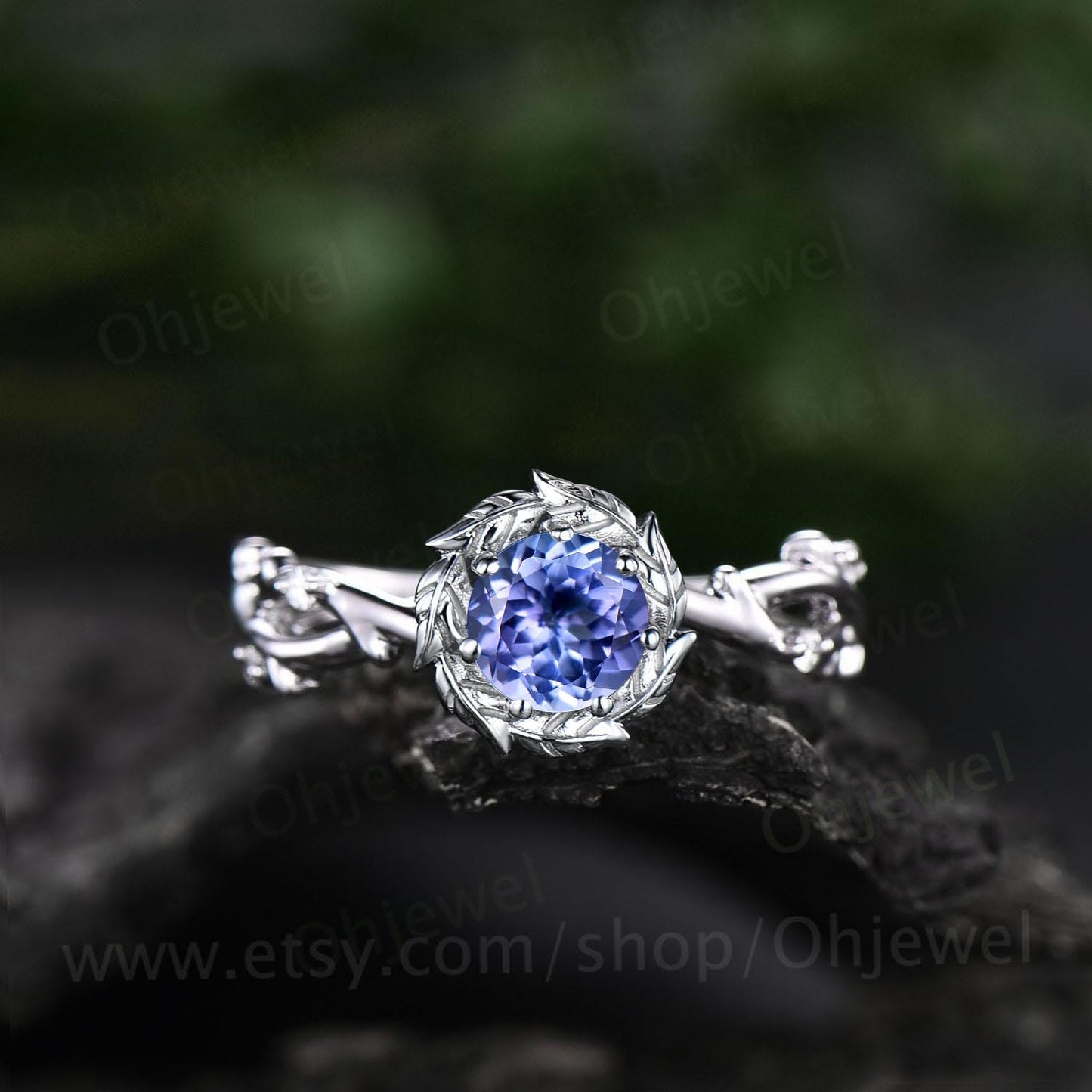Round cut tanzanite ring vintage 14k white gold twig infinity halo leaf engagement ring women unique wedding bridal diamond ring jewelry
