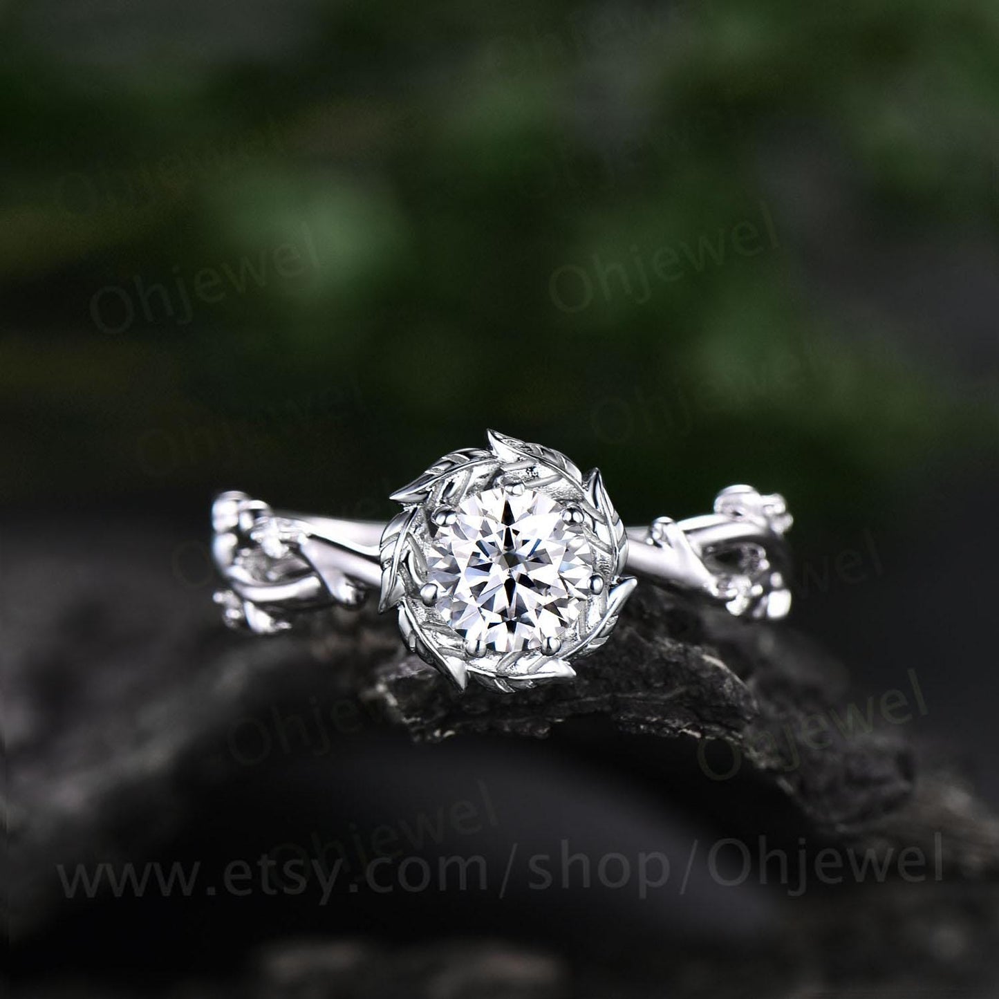 Round cut moissanite ring vintage 14k white gold twig infinity halo leaf engagement ring women unique wedding bridal diamond ring jewelry