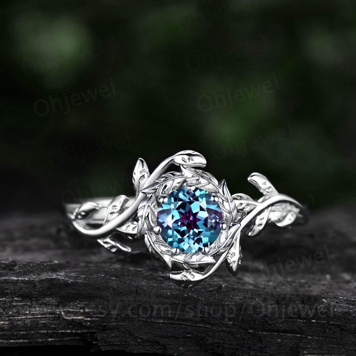 Round cut Alexandrite engagement ring vintage solitaire white gold twig leaf halo wedding ring women branch unique anniversary gift jewelry