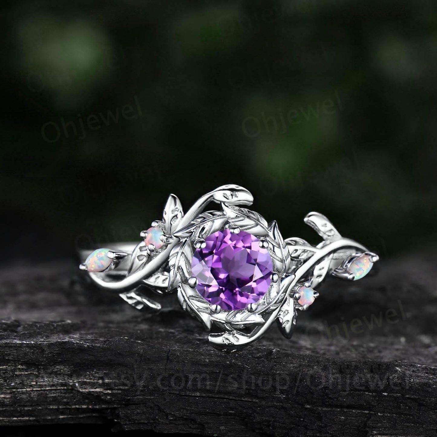 Vintage round cut amethyst engagement ring halo leaf white gold opal ring women twig branch promise wedding ring jewelry gift for her