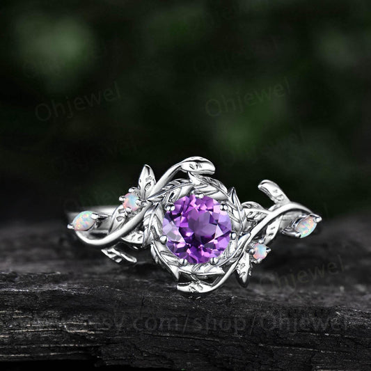 Vintage round cut amethyst engagement ring halo leaf white gold opal ring women twig branch promise wedding ring jewelry gift for her
