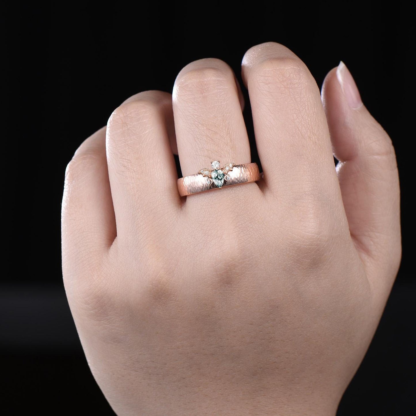 Pear moss agate mens wedding band vintage hammered bat moon diamond unique mens wedding ring stacking solid 14k rose gold gift for husband