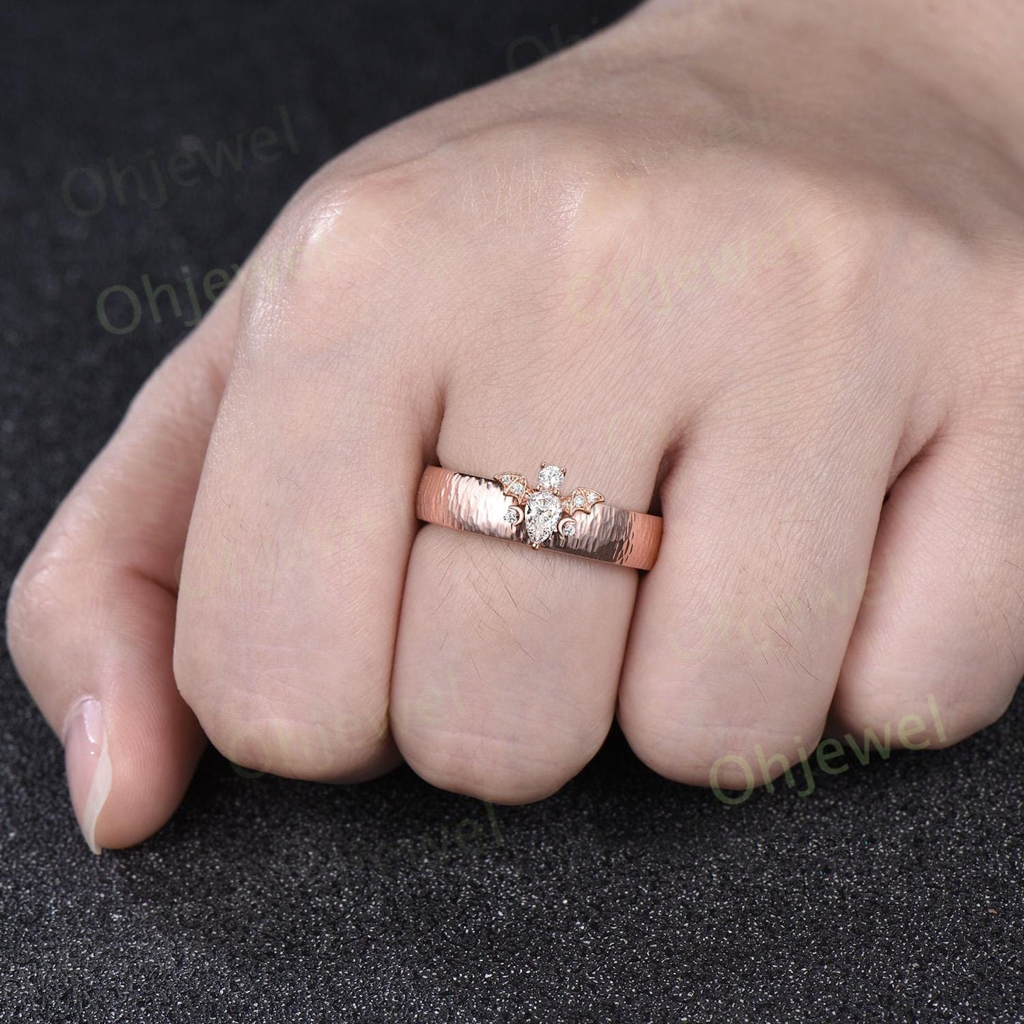 Pear moissanite mens wedding band vintage hammered bat moon diamond mens wedding ring stacking solid 14k rose gold gift for husband