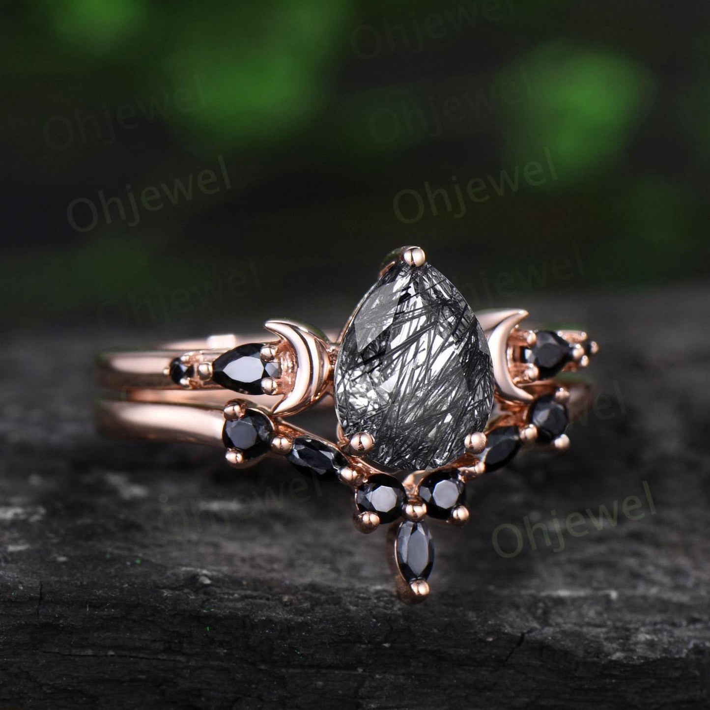 Pear black rutilated quartz engagement ring set 14k rose gold marquise black spinel moon five stone stacking wedding ring set women gemstone