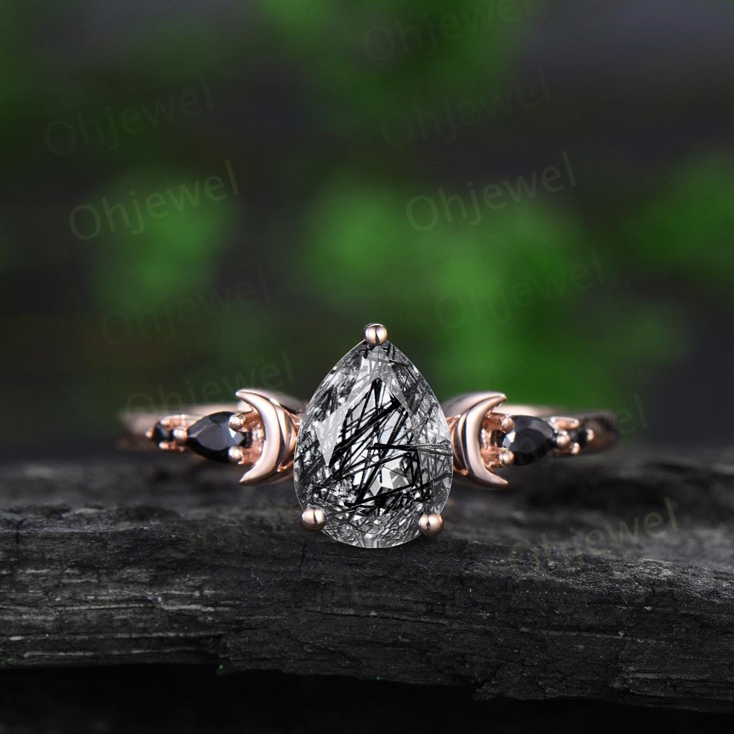 Pear black rutilated quartz engagement ring set 14k rose gold marquise black spinel moon five stone stacking wedding ring set women gemstone
