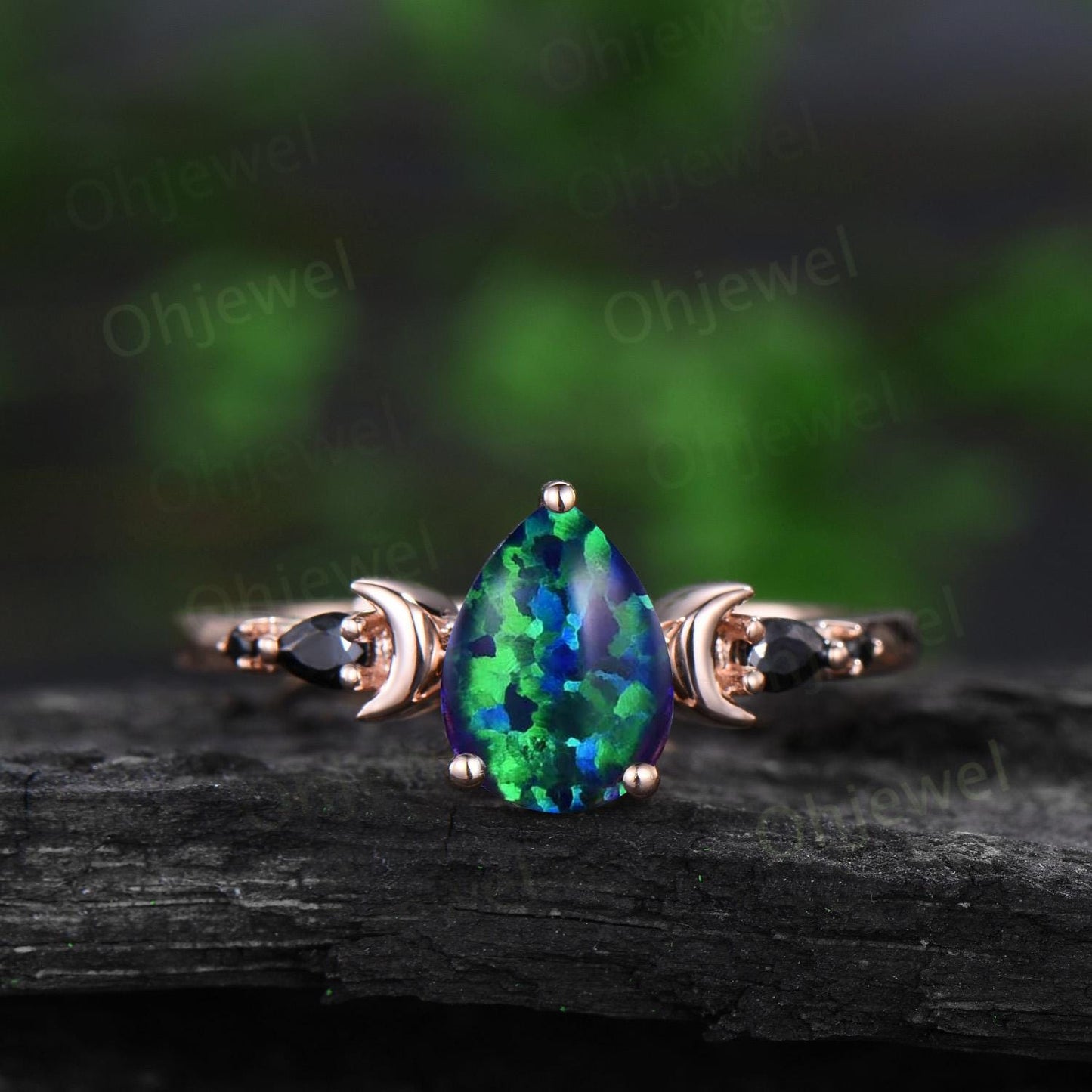 Pear black opal moon engagement ring women antique marquise black spinel ring rose gold unique anniversary gift 925 sterling silver